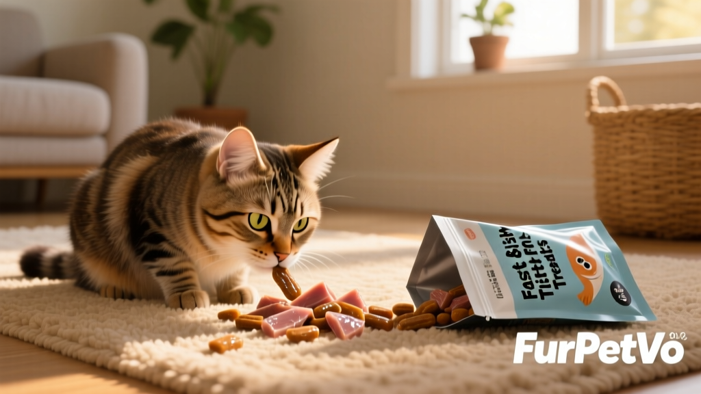 Happy cat sniffing a few tuna treats placed on a cozy rug next to a FurPetVo treat bag