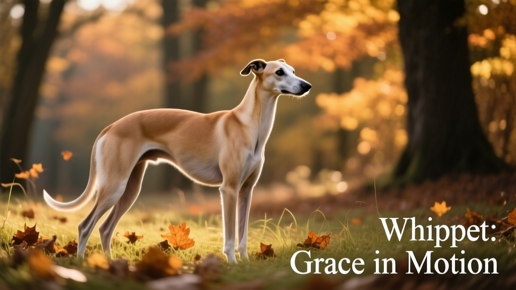 Whippet dog standing in woods