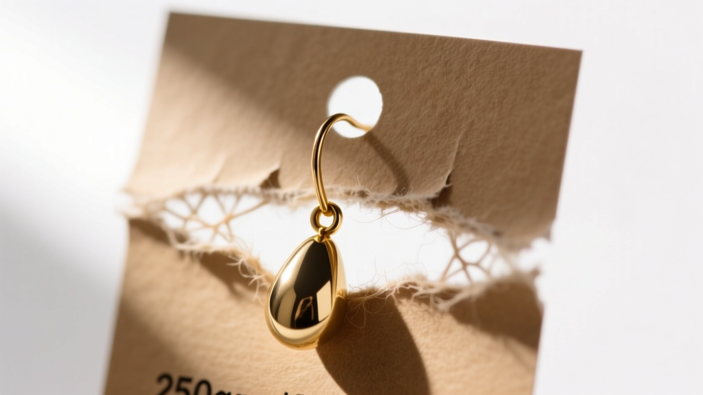 Macro close-up of a torn 250gsm kraft paper earring card hole showing frayed fibers around a heavy brass drop earring post
