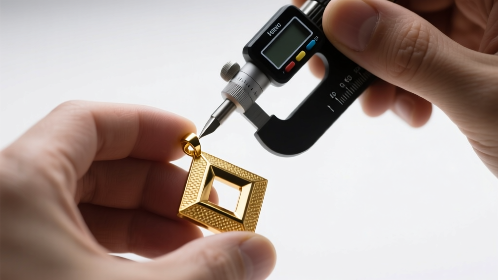 Jeweler measuring micron thickness of a gold-plated brass pendant with a digital micrometer under bright LED inspection lighting