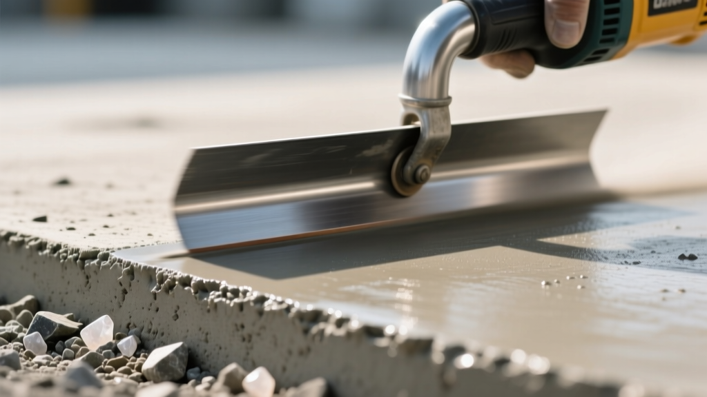 Close-up of a power trowel creating a smooth burnished finish on a fresh industrial concrete slab with visible aggregate edges