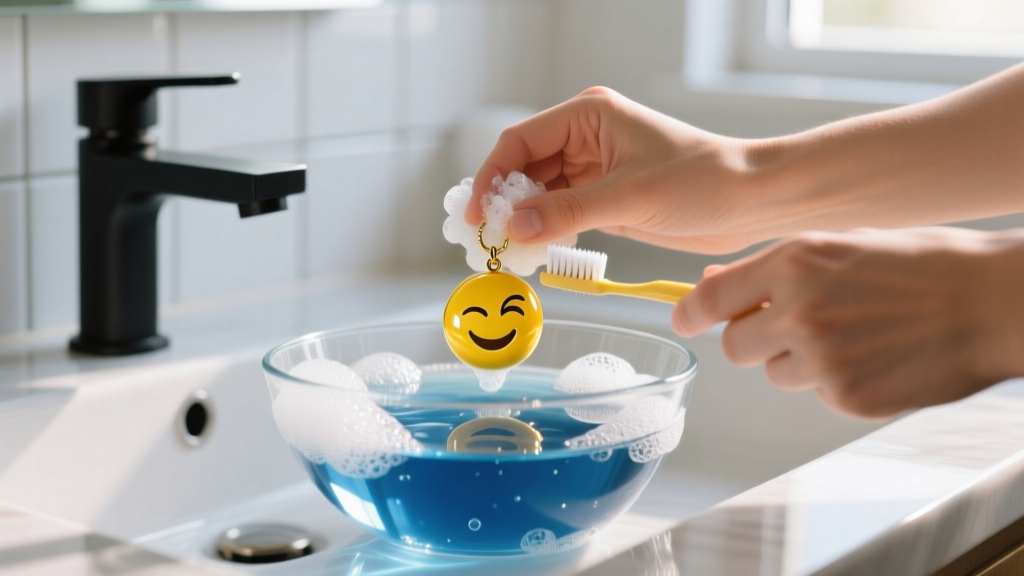 Hands gently scrubbing a winking face emoji pendant with a soft toothbrush in a small glass bowl of soapy distilled water.