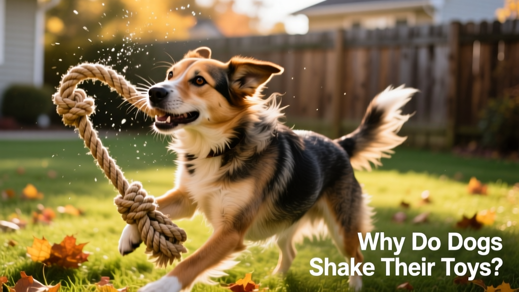 A medium-sized dog vigorously shaking a knotted rope toy outdoors