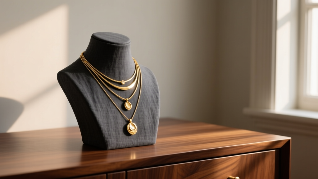 Charcoal grey linen jewelry display bust on a walnut dresser, showcasing layered gold pendant necklaces in soft morning light