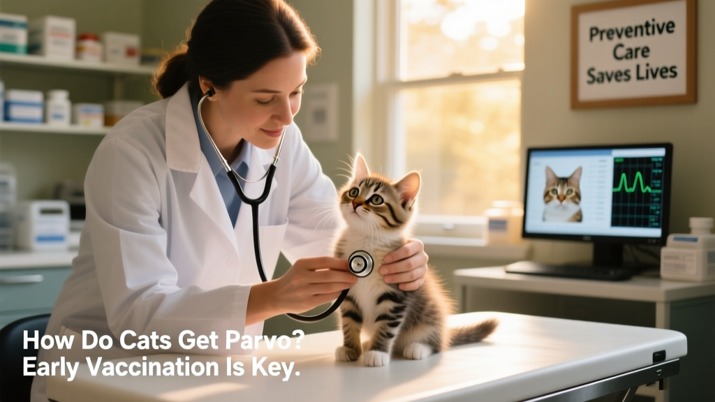 Veterinarian gently examining a kitten during a routine wellness visit, highlighting importance of early care and vaccination
