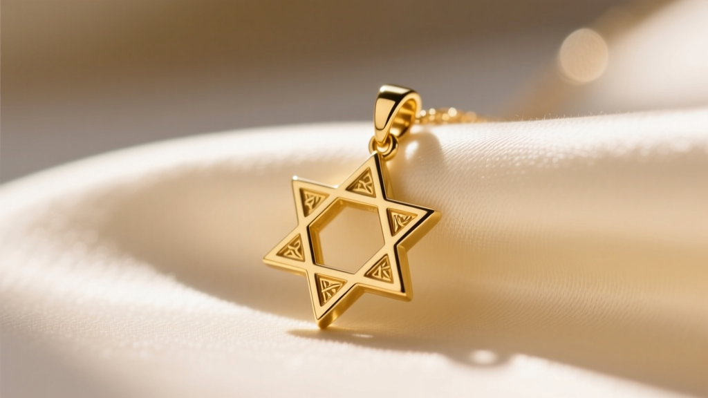 Close-up of a delicate 10mm 14k solid yellow gold tiny star of David necklace resting on cream silk fabric in natural sunlight.