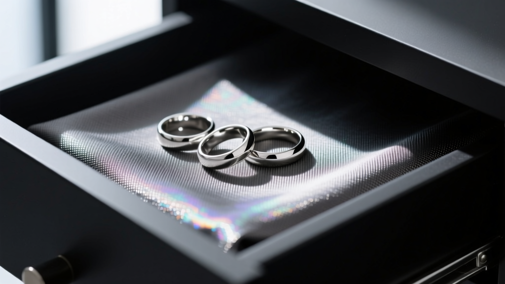 Close-up macro photography of zinc nanoparticle anti-tarnish fabric lining a deep drawer, with silver rings resting on top