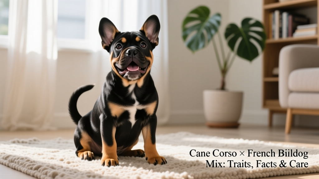 A happy, healthy Cane Corso French Bulldog mix puppy sitting on a sunlit rug, looking alert and friendly