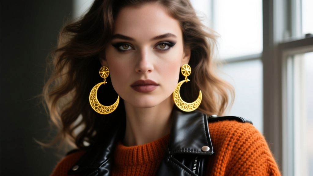 Moody portrait of a woman wearing large 14k yellow gold celestial hoop earrings with crescent moon charms, 70s rock aesthetic.