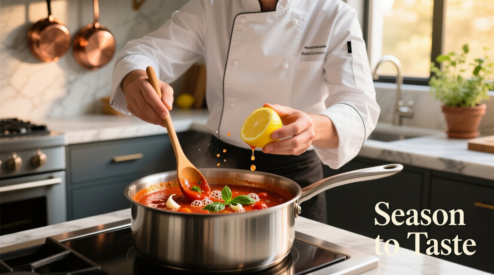 Chef adjusting tomato sauce acidity with lemon juice
