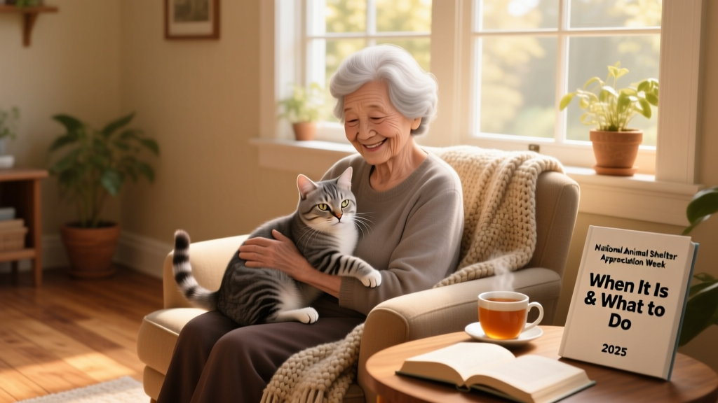 A smiling senior woman cuddling a calm, gray senior cat on her lap in a cozy home setting