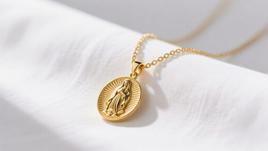 14k gold virgin mary necklace on white linen, sunlight highlighting the intricate medallion relief and delicate cable chain.