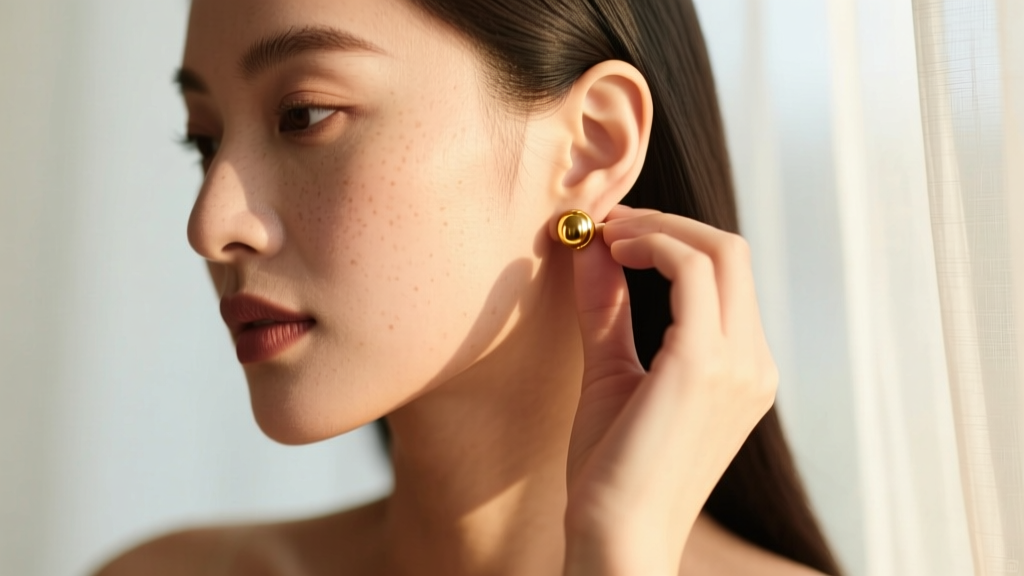 Close-up of a woman gently removing a gold stud earring from her earlobe, soft natural lighting highlighting skin texture
