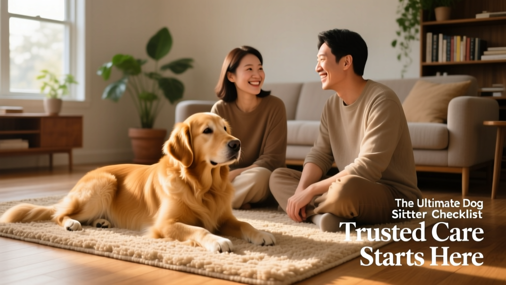 A Golden Retriever resting calmly on a rug between two smiling adults, illustrating trust and comfort during a sitter introduction