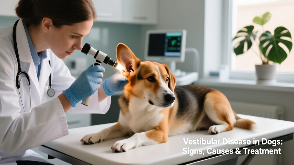Veterinarian performing otoscopic exam on a calm dog, gently holding the ear flap open