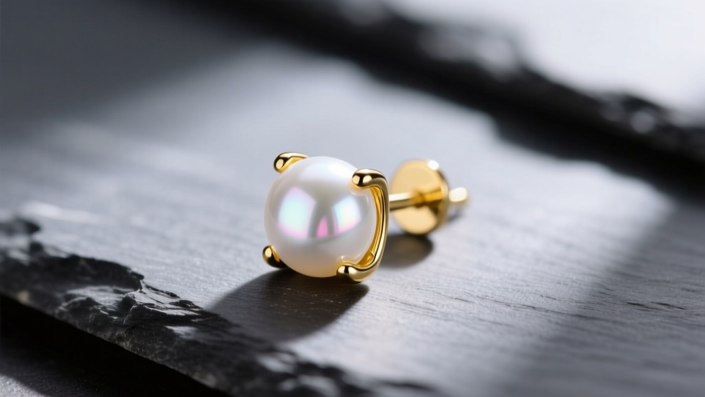 Macro photography of an 8mm white Akoya pearl stud earring set in a 14k yellow gold four-prong setting, resting on dark slate.