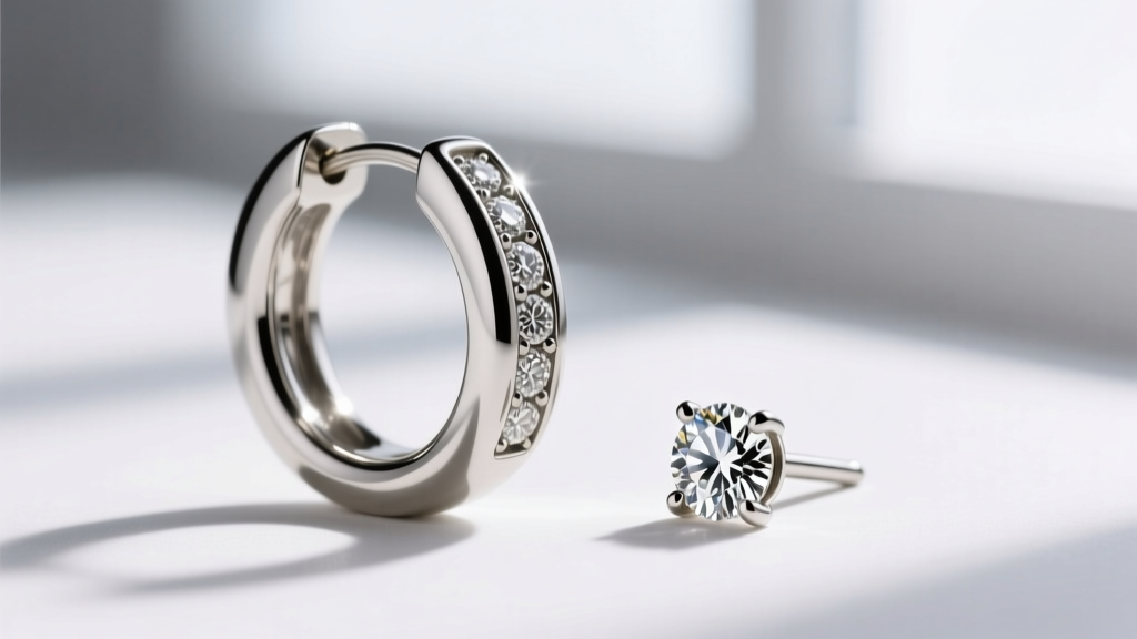 Macro comparison showing the smooth metal rim of a channel earring hoop next to the exposed prongs of a traditional diamond stud