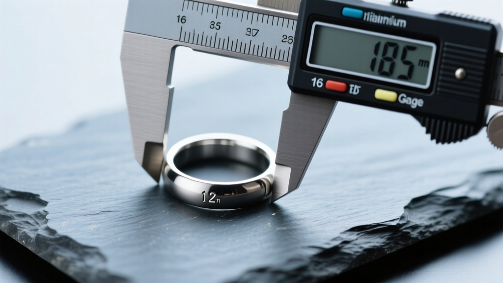 Digital calipers measuring a 16-gauge titanium bead ring on slate, highlighting the 1.2mm thickness under soft light