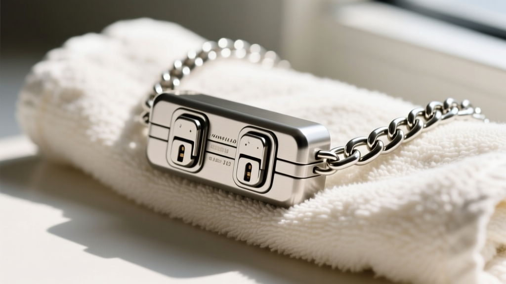 Macro photography of a secure box clasp with a double safety latch on a heavy stainless steel baseball chain necklace on a towel