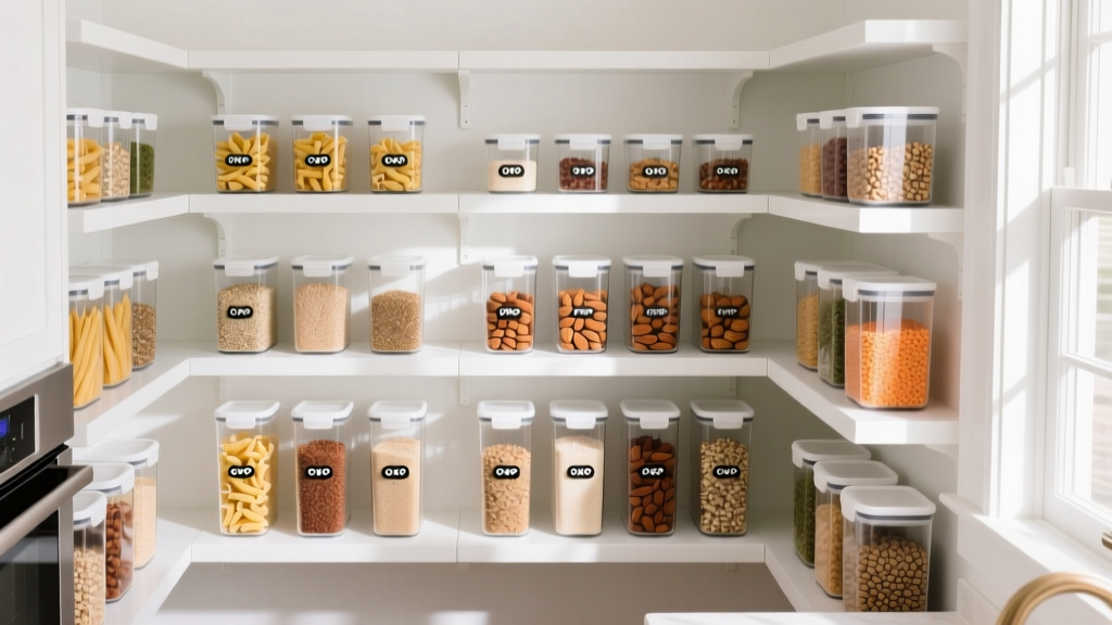 Overhead view of organized pantry featuring clear OXO POP containers filled with pastas, grains, and nuts on white floating shelves