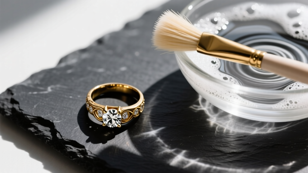 Overhead view of a tarnished 14k gold diamond ring on dark slate beside a glass bowl of soapy water and a soft cleaning brush