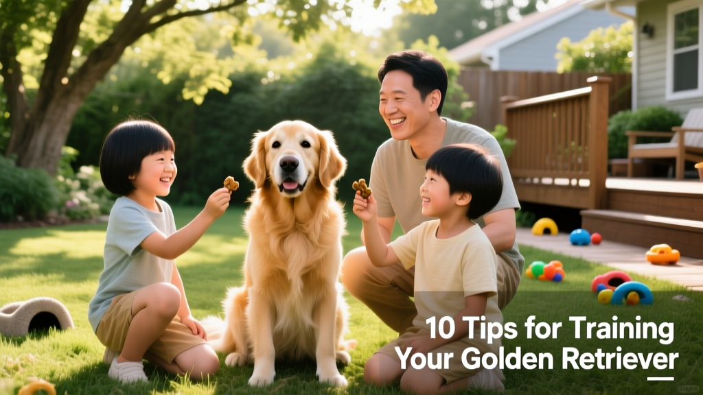 Family smiling together as a Golden Retriever sits calmly between two children holding training treats