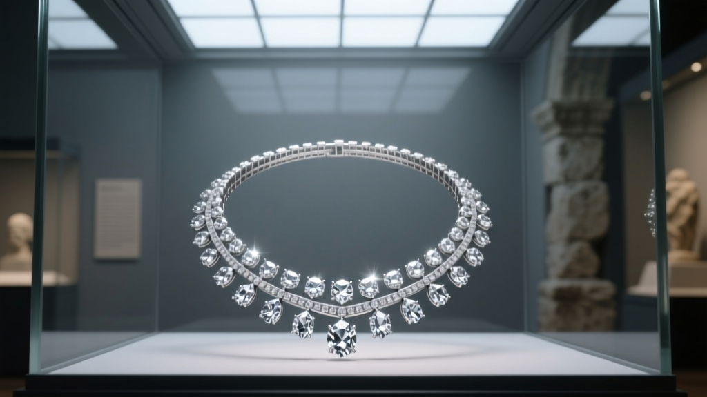 Modern high-jewelry diamond collar necklace in a dim museum case, showcasing brilliant-cut stones and platinum settings