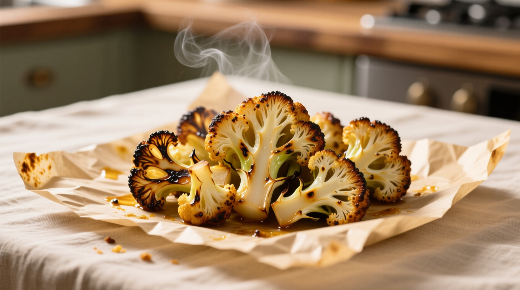 Golden roasted cauliflower florets on parchment paper