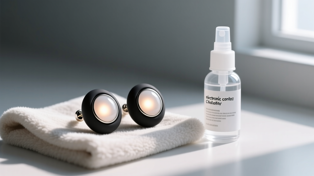 Waterproof silicone-encased lighted earrings resting on a microfiber cloth next to a small bottle of electronic contact cleaner