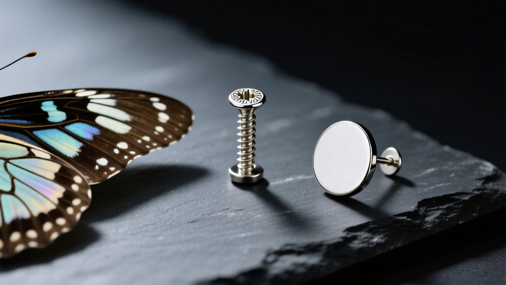 Macro of butterfly, screw, and flat back earring post types on dark slate under soft light, highlighting detailed metal textures.
