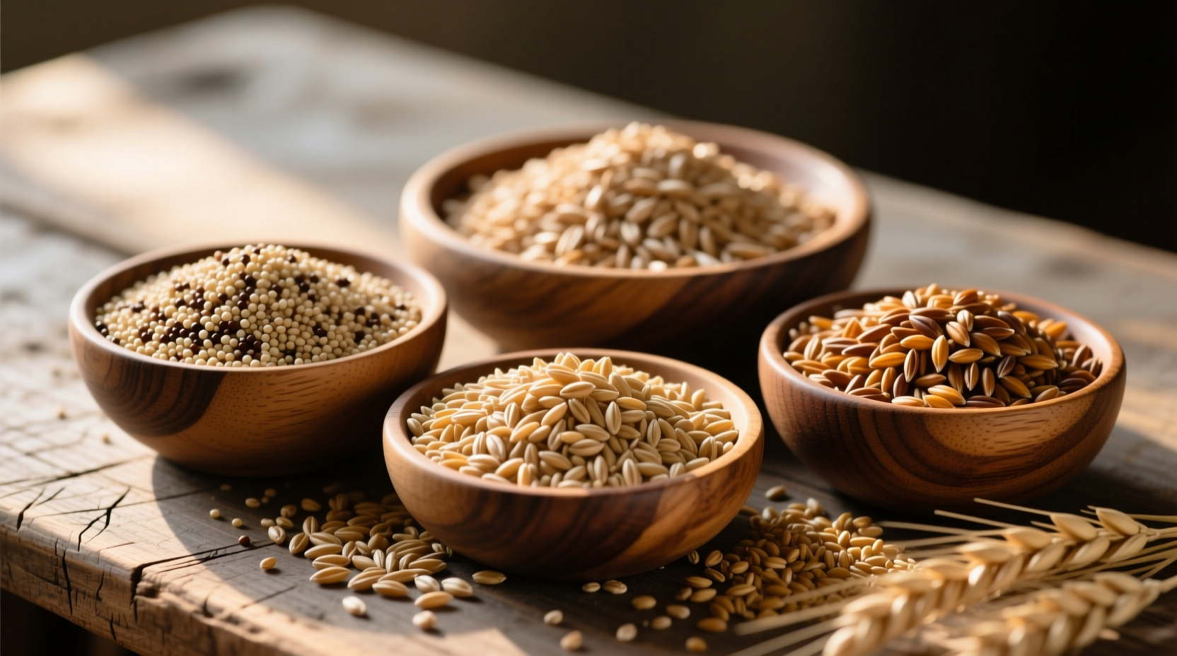 Assorted whole grains in wooden bowls