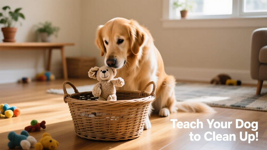 A dog dropping a soft toy into an open wicker basket placed on the floor