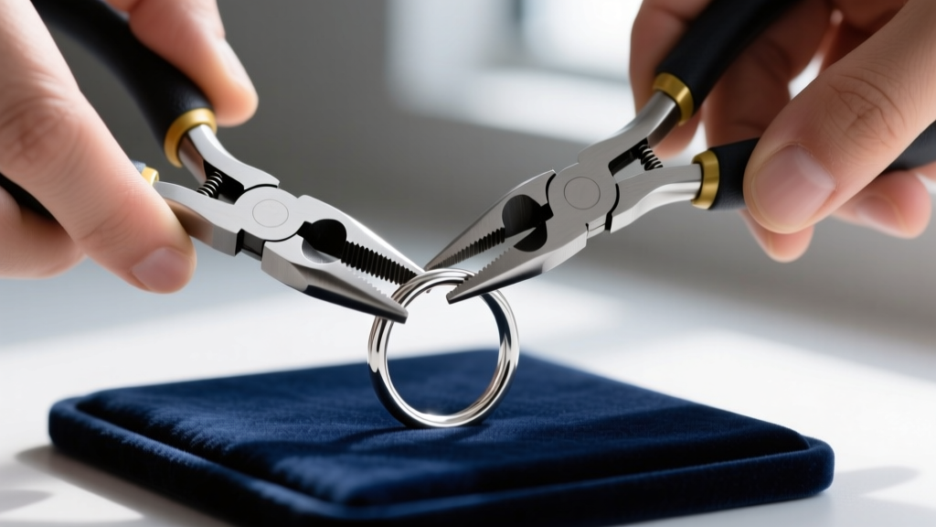 Hands using two flat-nose pliers to twist open a 20-gauge sterling silver jump ring on a velvet jeweler's bench block.