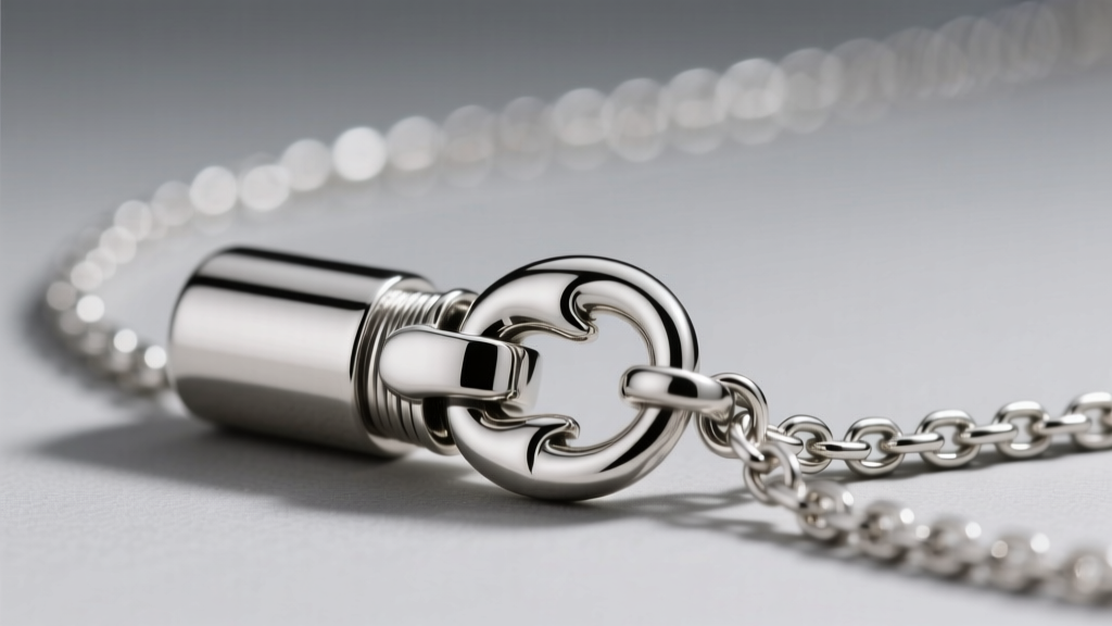 Close-up of a sterling silver chill pill necklace clasp, showing a sturdy lobster claw attached to a 1.2mm thick box chain link.
