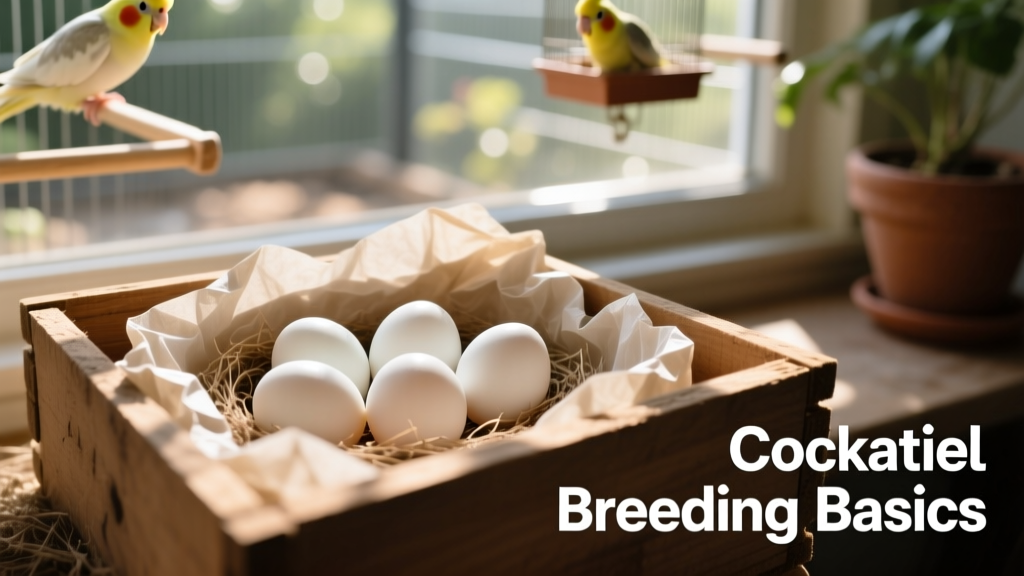 Five small, white cockatiel eggs neatly arranged in a nest box lined with soft paper