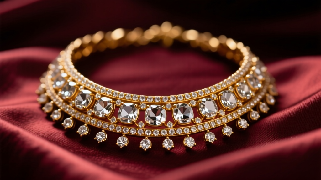 Macro shot of a Kundan choker with uncut Polki diamonds in gold foil on dark maroon silk fabric under warm studio lighting