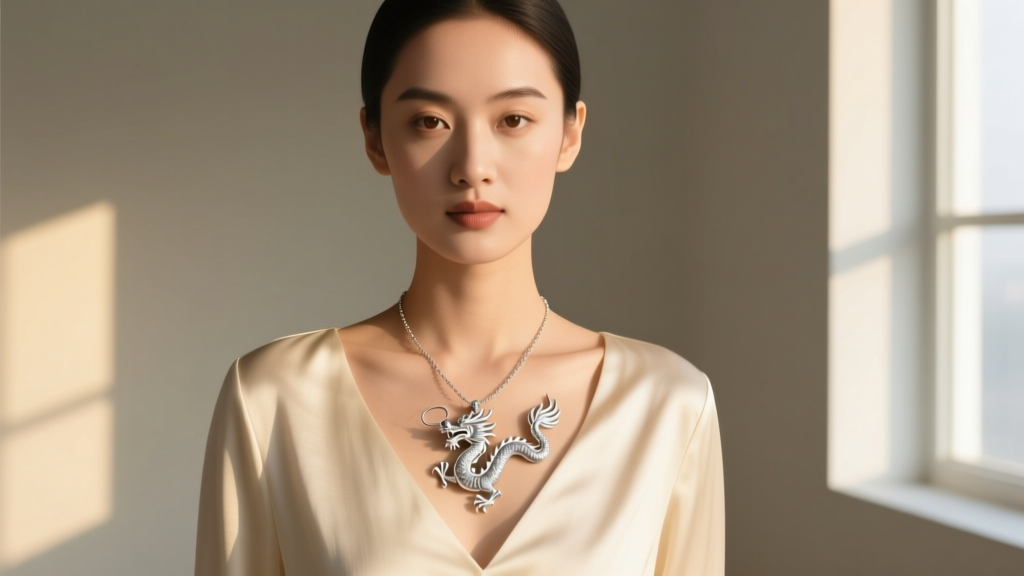 Young woman wearing a delicate sterling silver Chinese dragon pendant on a 20-inch chain over a cream silk blouse in soft light
