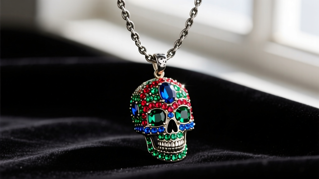 Close-up of a vintage Betsey Johnson rhinestone enamel skull pendant on an oxidized silver chain resting on dark black velvet