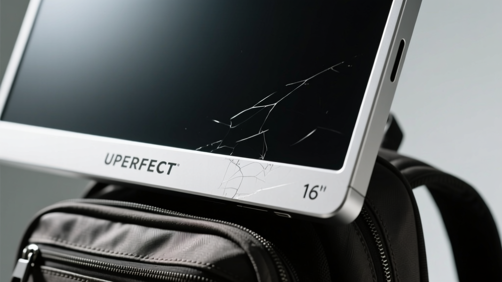 Macro shot of UPERFECT 16-inch portable monitor aluminum chassis showing micro-scratches from sliding into a backpack.