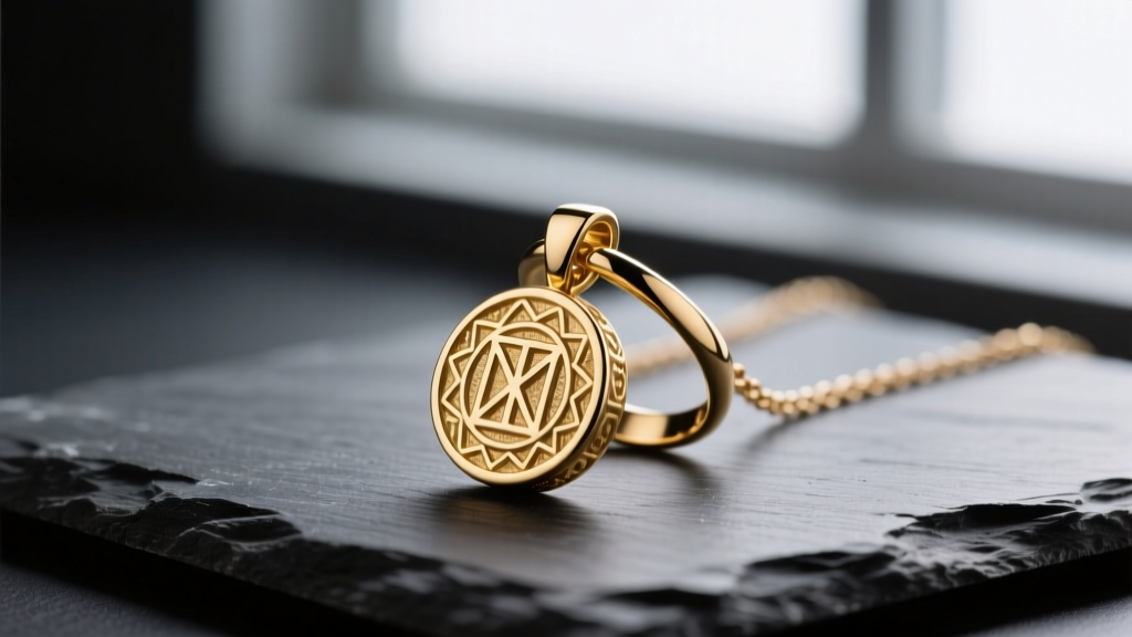 Close-up of a 14k gold ring charm necklace with a textured signet pendant resting on dark slate in soft natural light