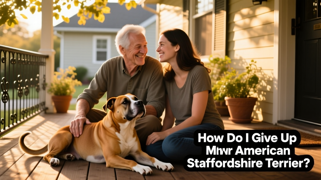 Two people—one current owner, one prospective adopter—sitting together with an American Staffordshire Terrier on a sunlit porch, smiling and relaxed