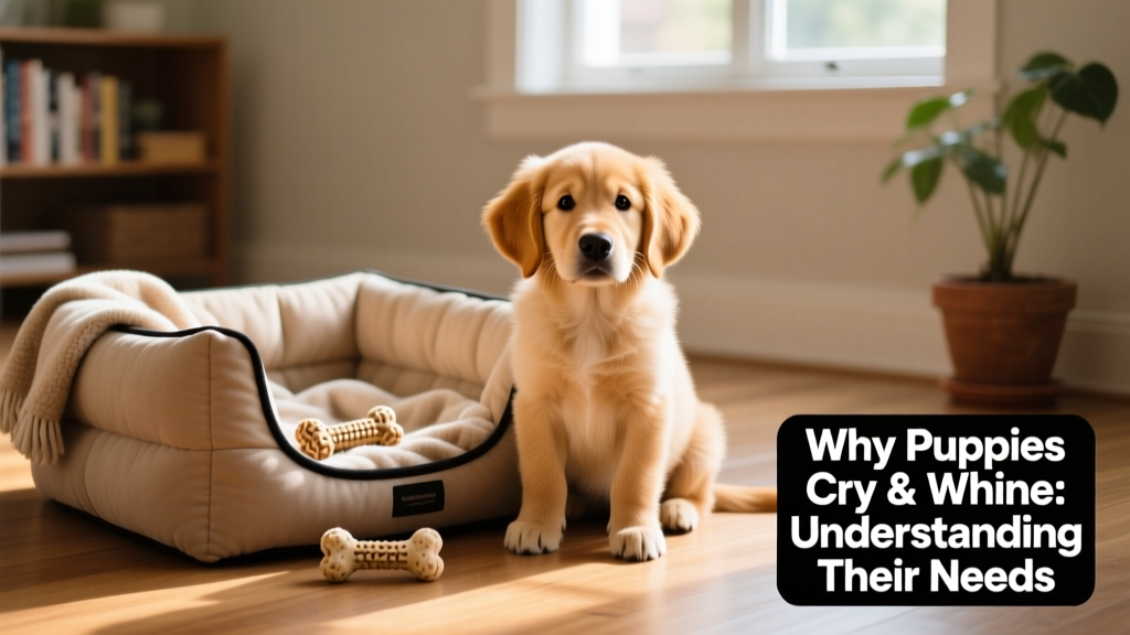 A young golden retriever puppy sitting calmly beside its cozy, padded crate with a chew toy nearby