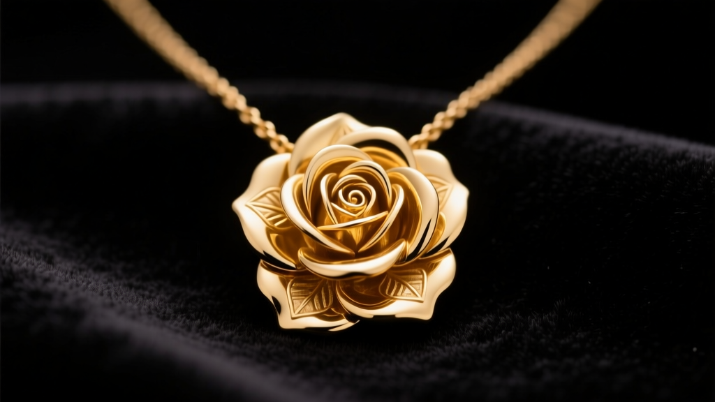 Close-up of a 14k solid gold rose pendant necklace on dark velvet, illuminated by soft studio lighting to highlight metal texture.