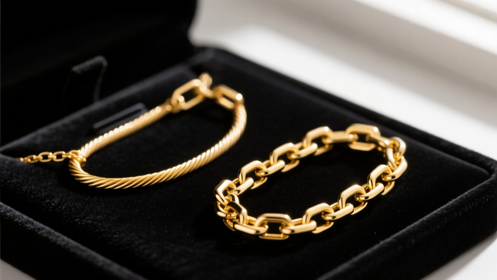 Macro shot comparing a 1.2mm gold cable chain and a 1.5mm gold box chain side-by-side on a dark velvet jewelry display pad.