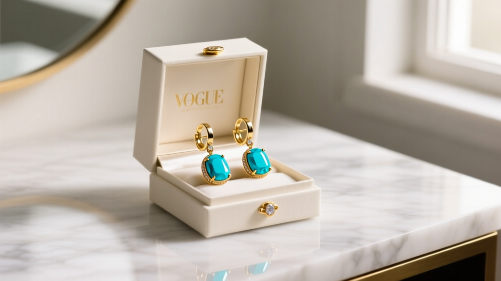 Elegant gift box open on a marble vanity, revealing 14k gold dangle earrings with vibrant blue Sleeping Beauty turquoise stones.