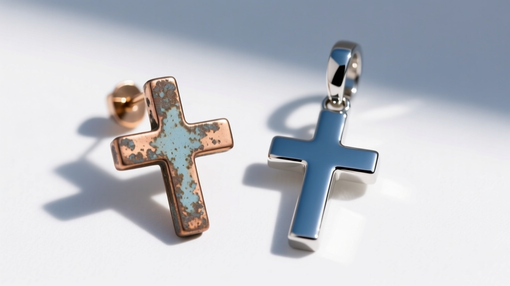 Side-by-side view of a tarnished alloy cross earring and a polished titanium cross dangle on a white surface in bright daylight.