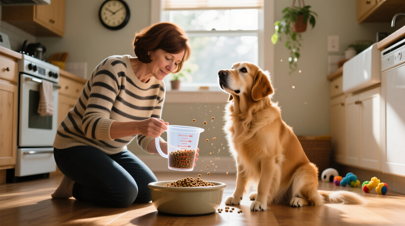 Dog owner measuring food portions with measuring cup