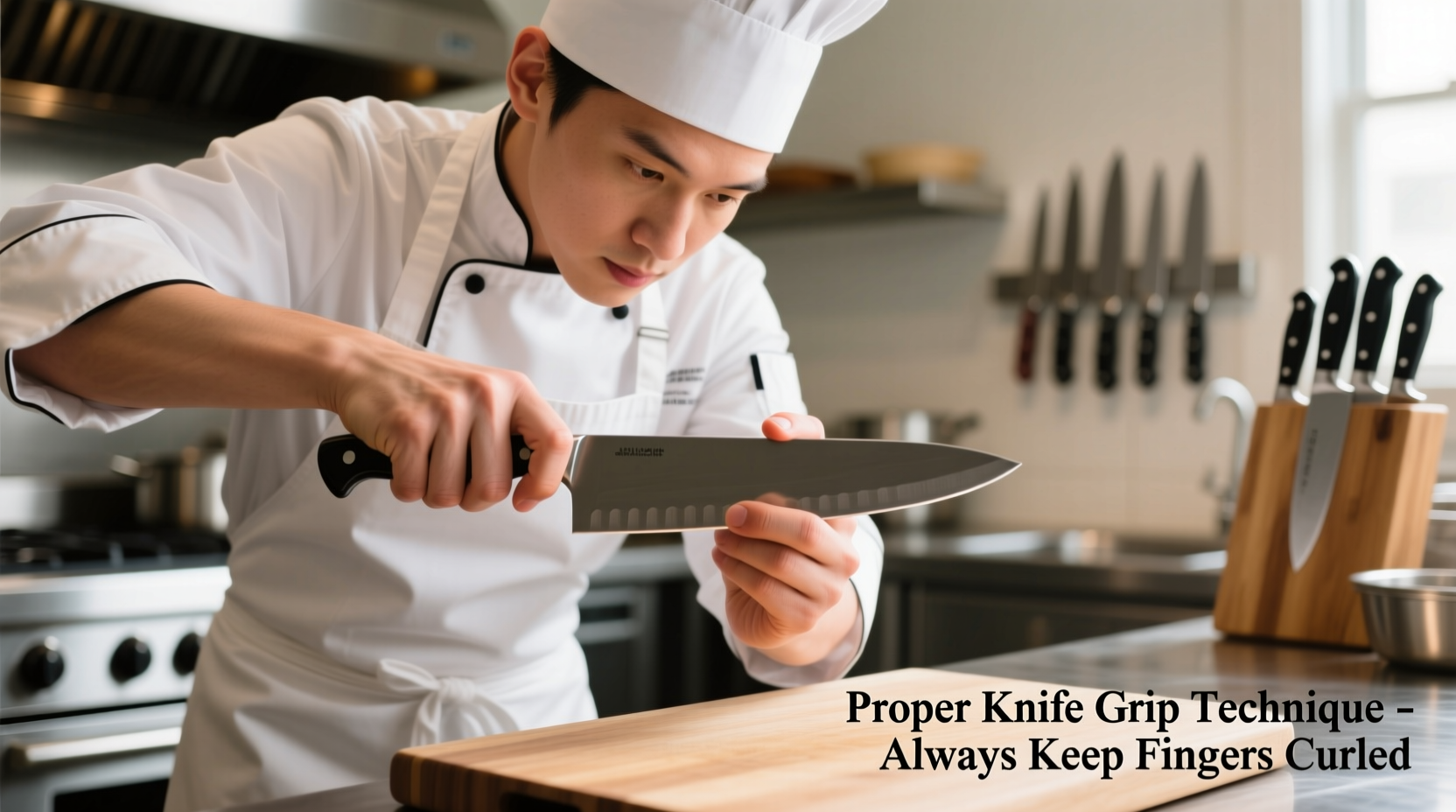 Beginner chef learning proper knife grip and technique