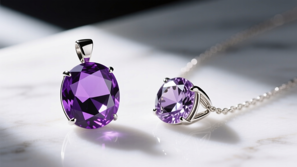 Macro shot comparing a plastic purple gem pendant and a sterling silver amethyst replica necklace on a white marble surface