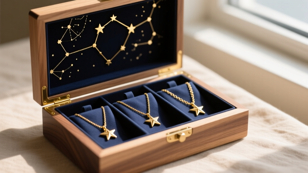 Wooden jewelry box with anti-tarnish fabric compartments storing delicate gold star map and constellation chain necklaces safely.